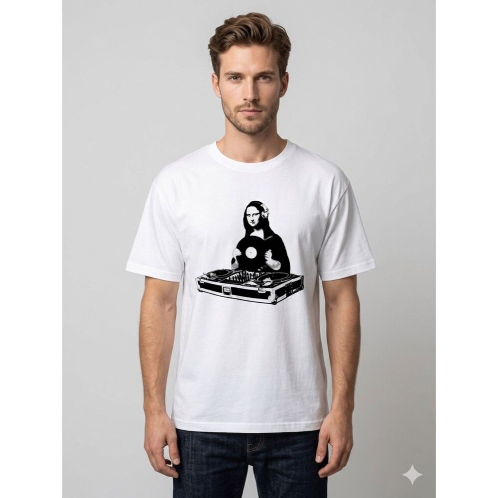 White Tee with Black Mona Lisa DJ Graphic